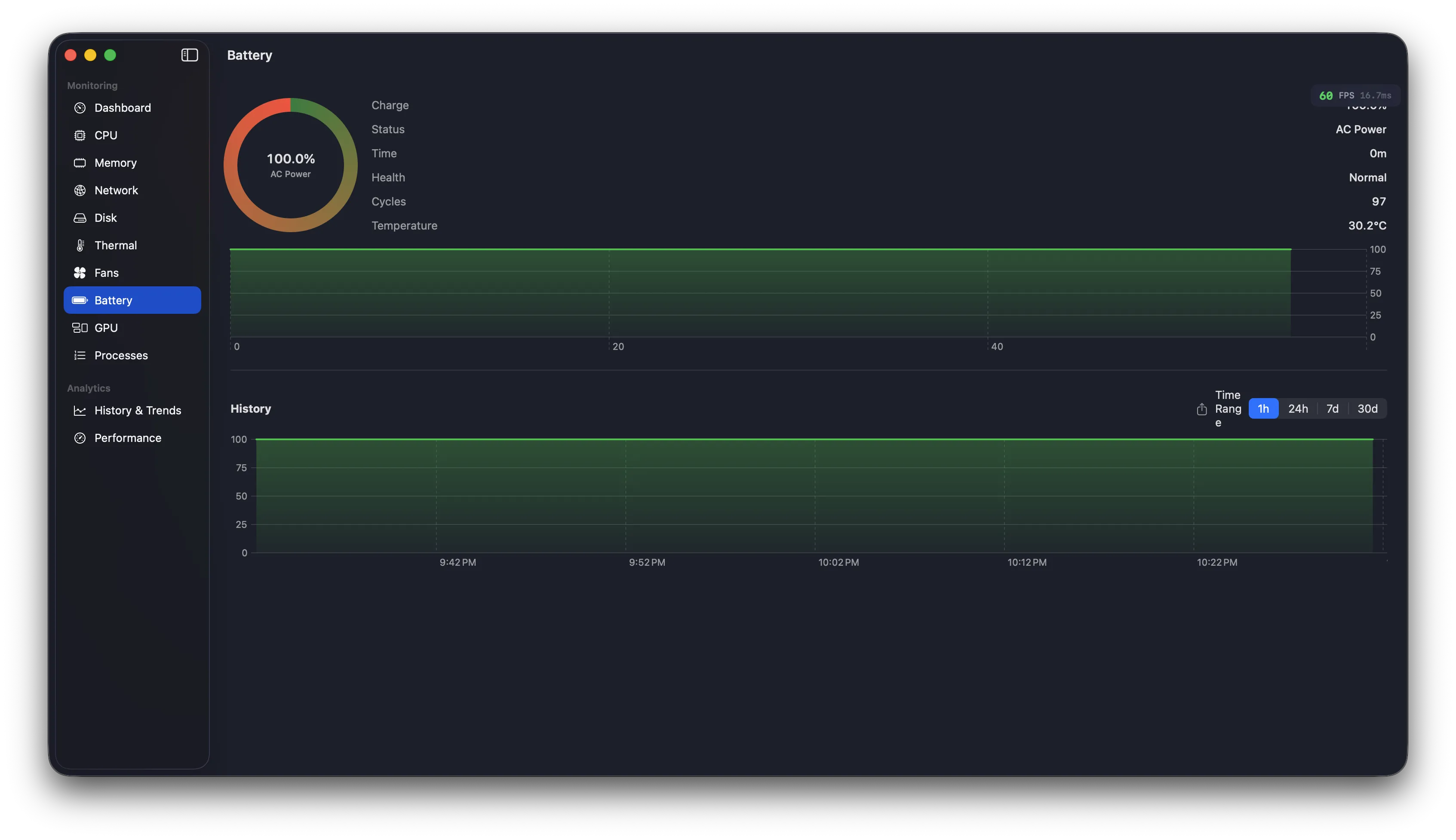 Battery module with charge, health, cycle count, and temperature