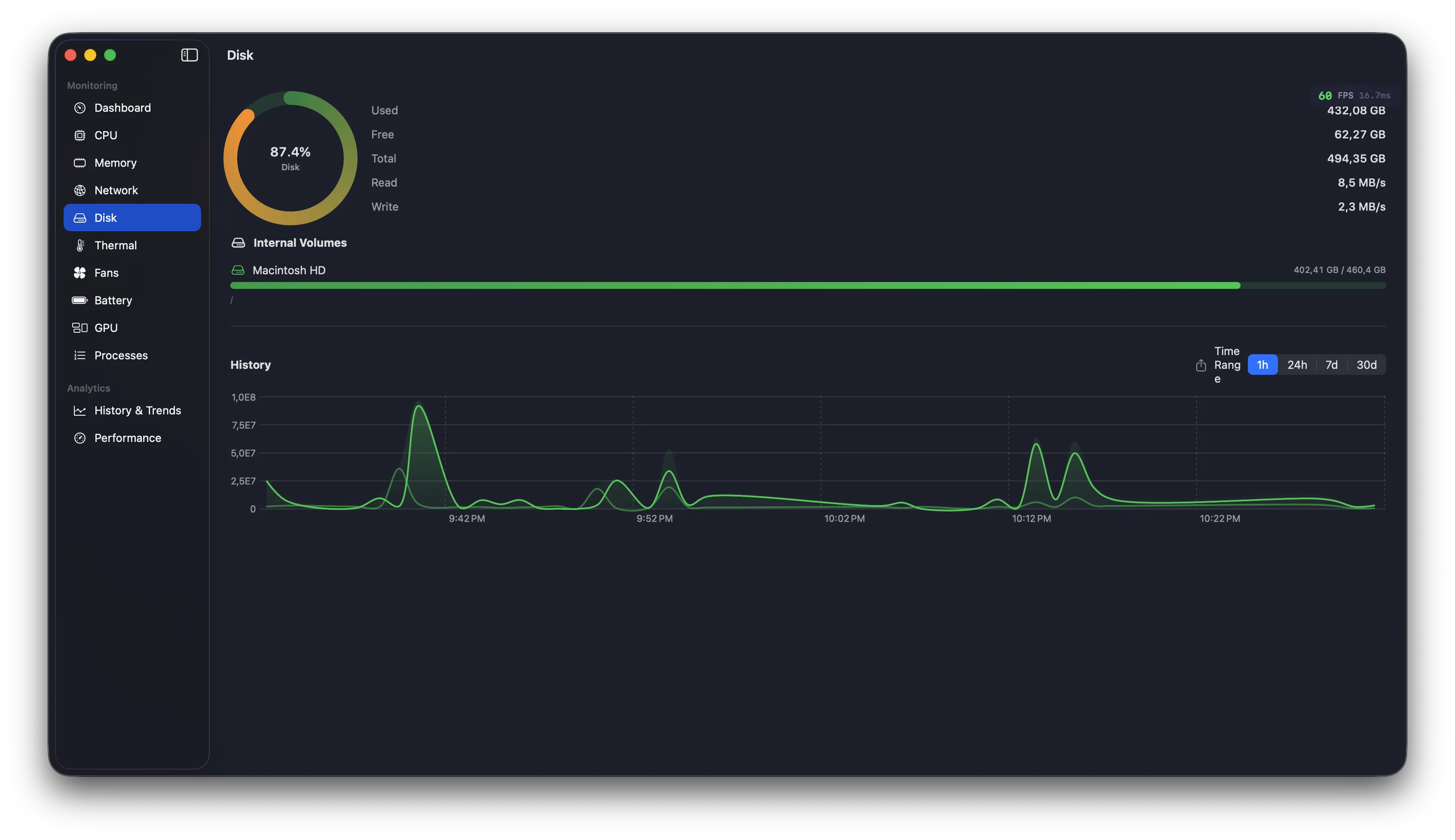Disk module with volume usage and I/O rate charts
