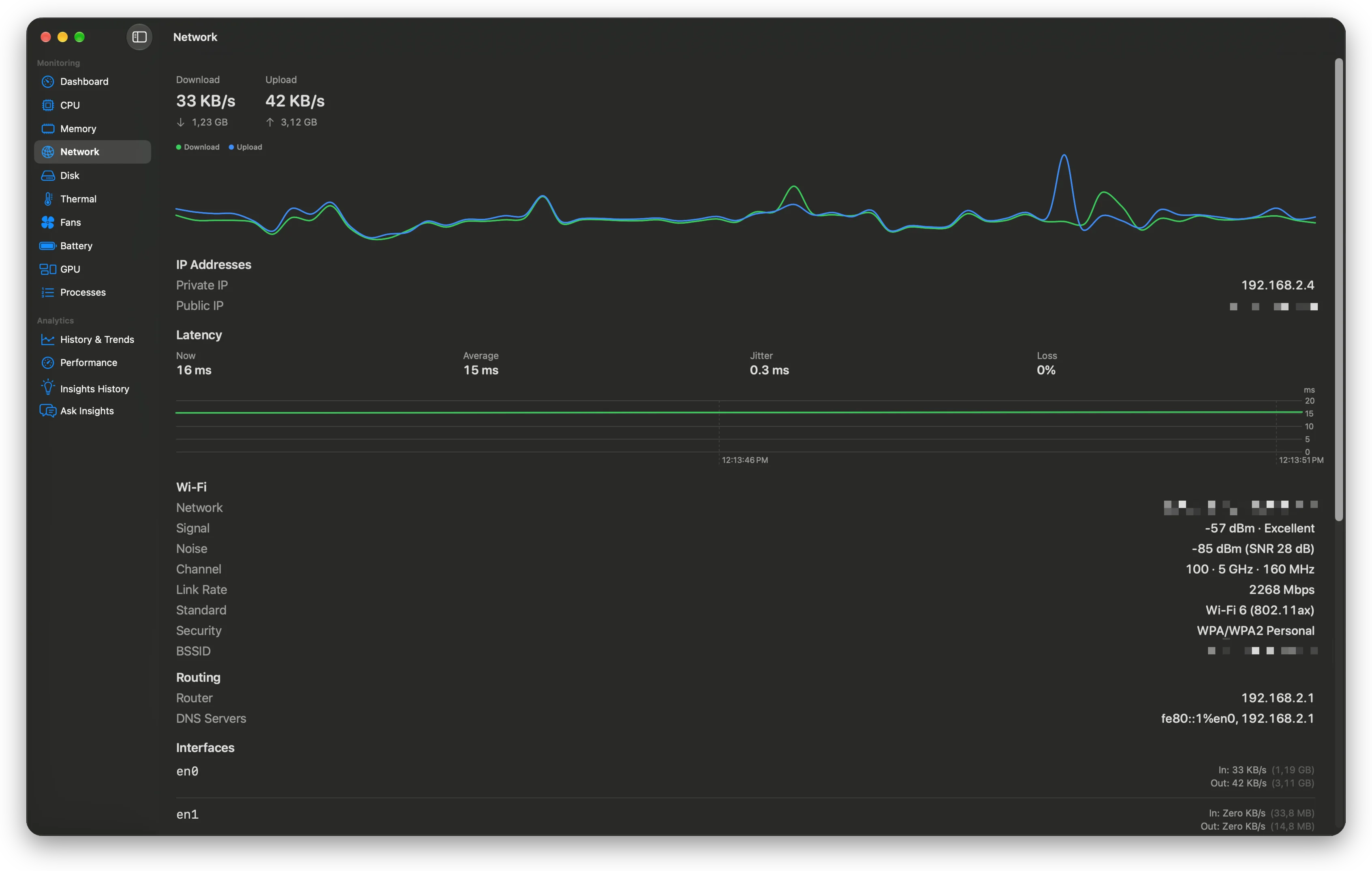 Network module with download and upload chart, latency monitor with jitter and packet loss, Wi-Fi signal, channel and link rate, router and DNS