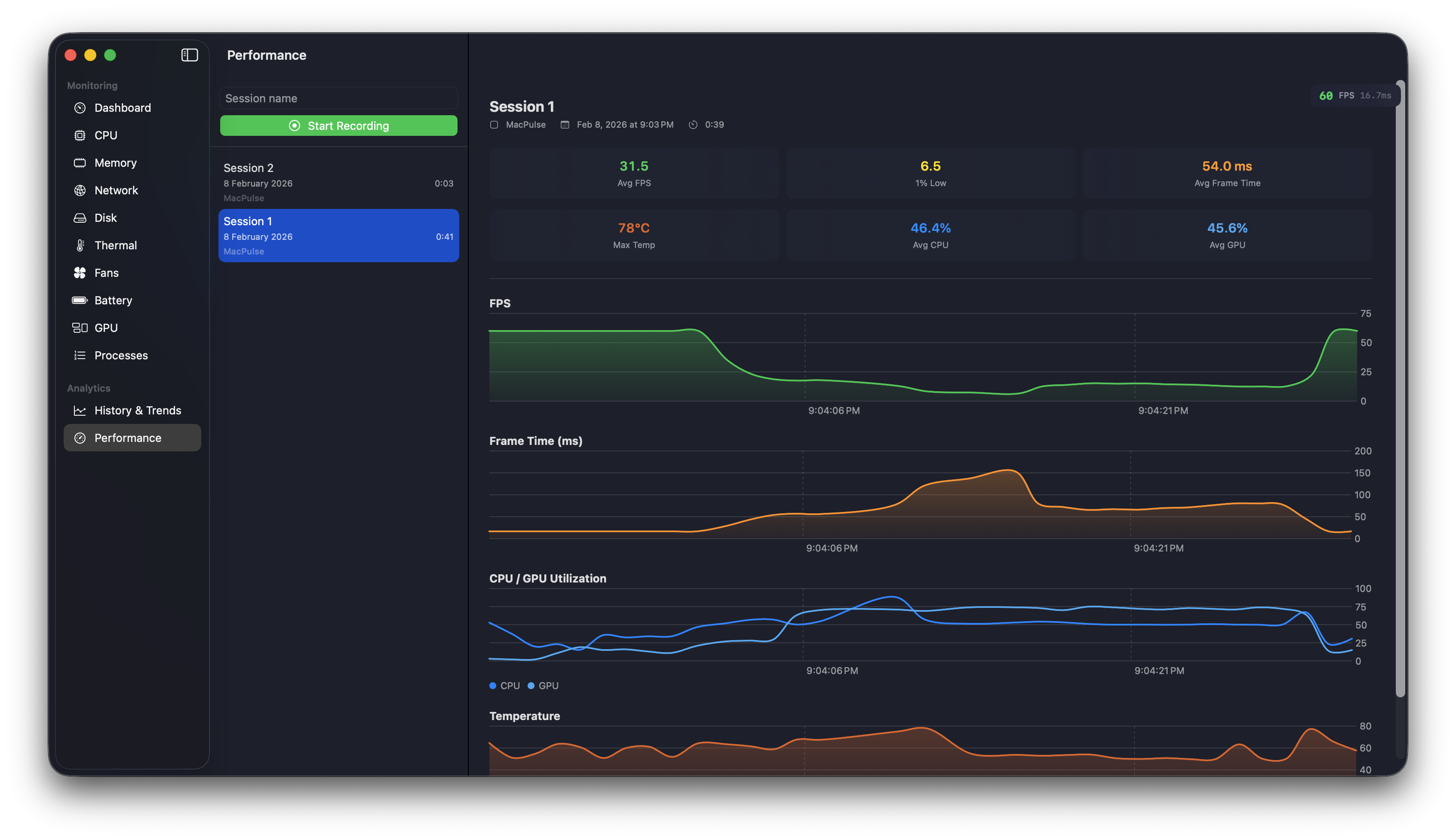 Performance session recording with FPS, frame time, CPU/GPU utilization, and temperature charts